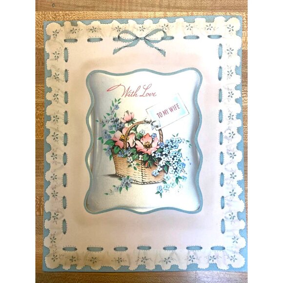 Vintage 1940s Greeting Card With Love To My Wife Floral Basket Design Oversized - Picture 2 of 9